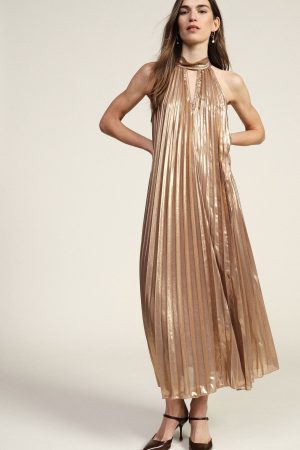 Robe plissée lamé Dixie 1201 Robe longue plissée sans manches Avec col à nouer Fluide et élégante