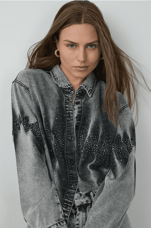 Chemise tencel délavée/strass BSB 216900
