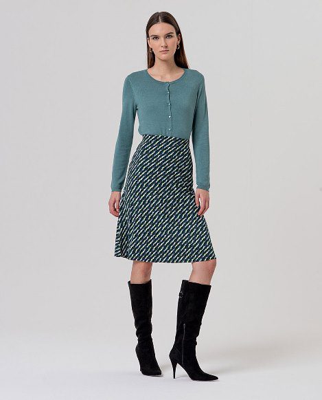 Jupe genoux imprimée Surkana CAVA616 Jupe imprimée multicolore, coupe droite, longueur au-dessus du genou Poches italiennes et taille élastique